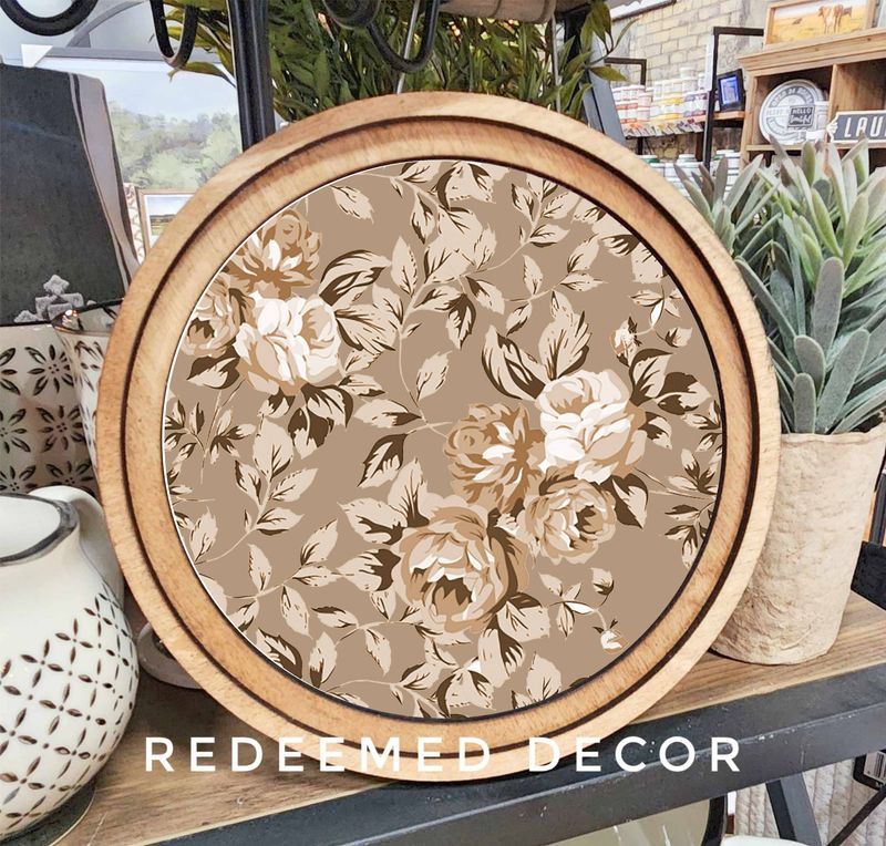 8&quot; Round Taupe Rose Pattern Art