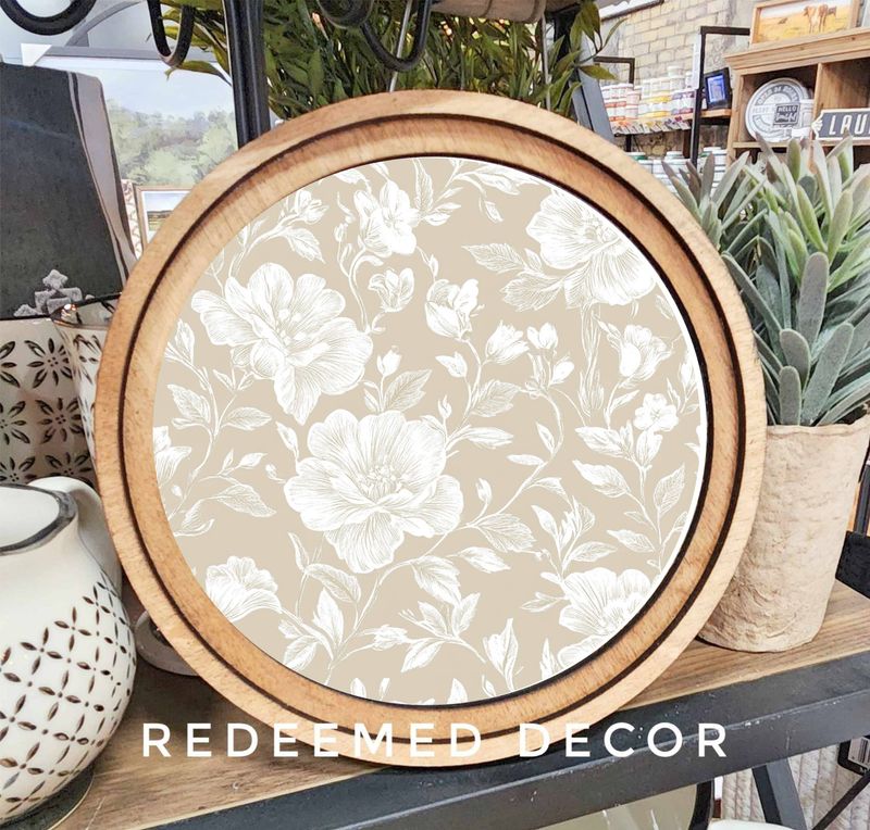 8&quot; Round Taupe White Floral Art