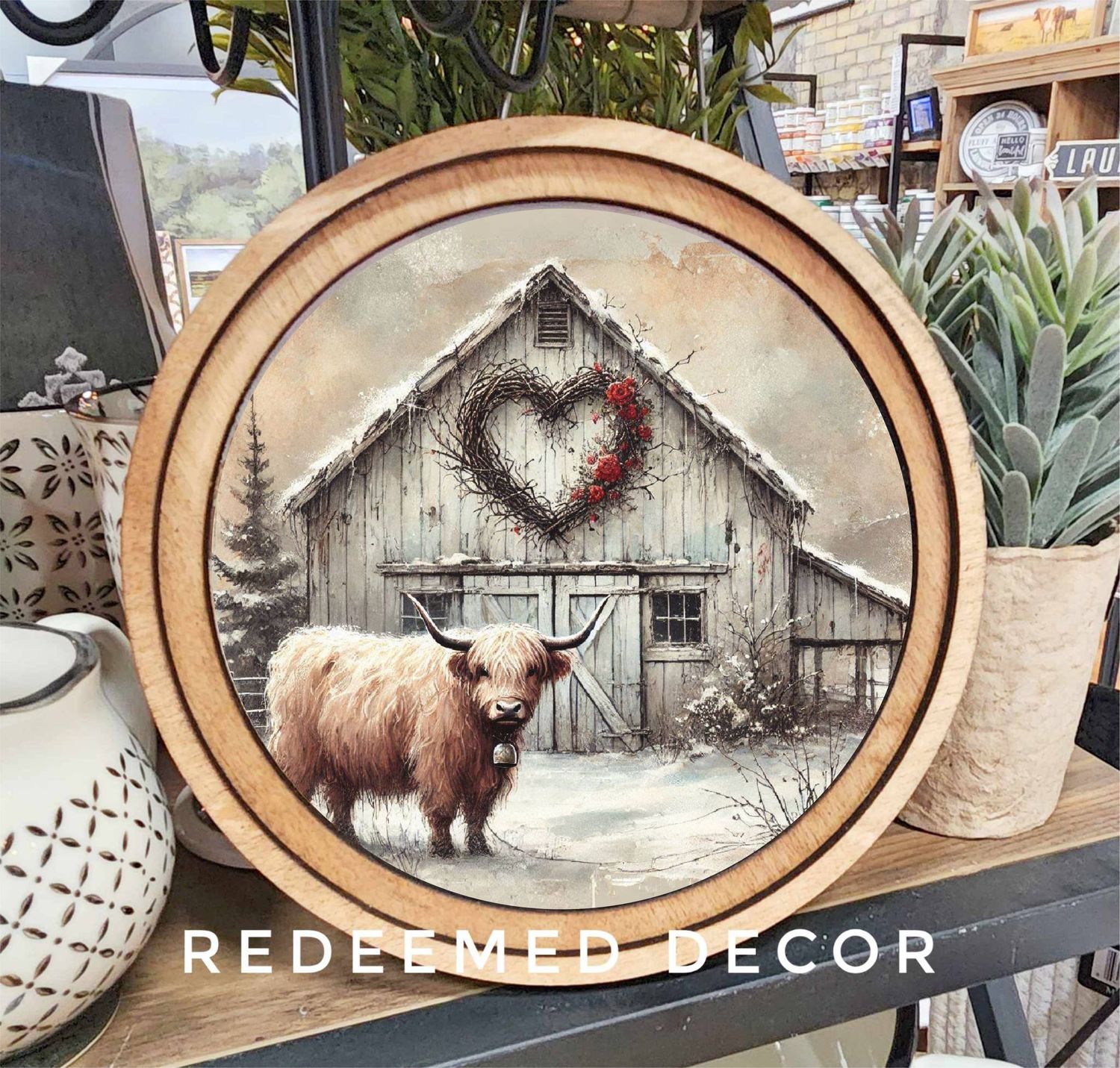8&quot; Round Valentine Highland Barn Art