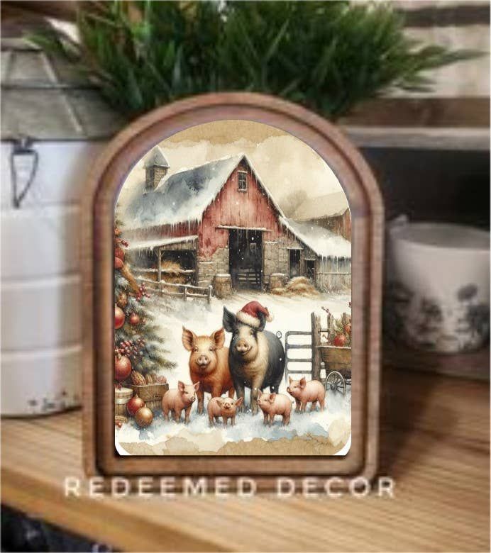 Arch Top Christmas Pigs Framed Art
