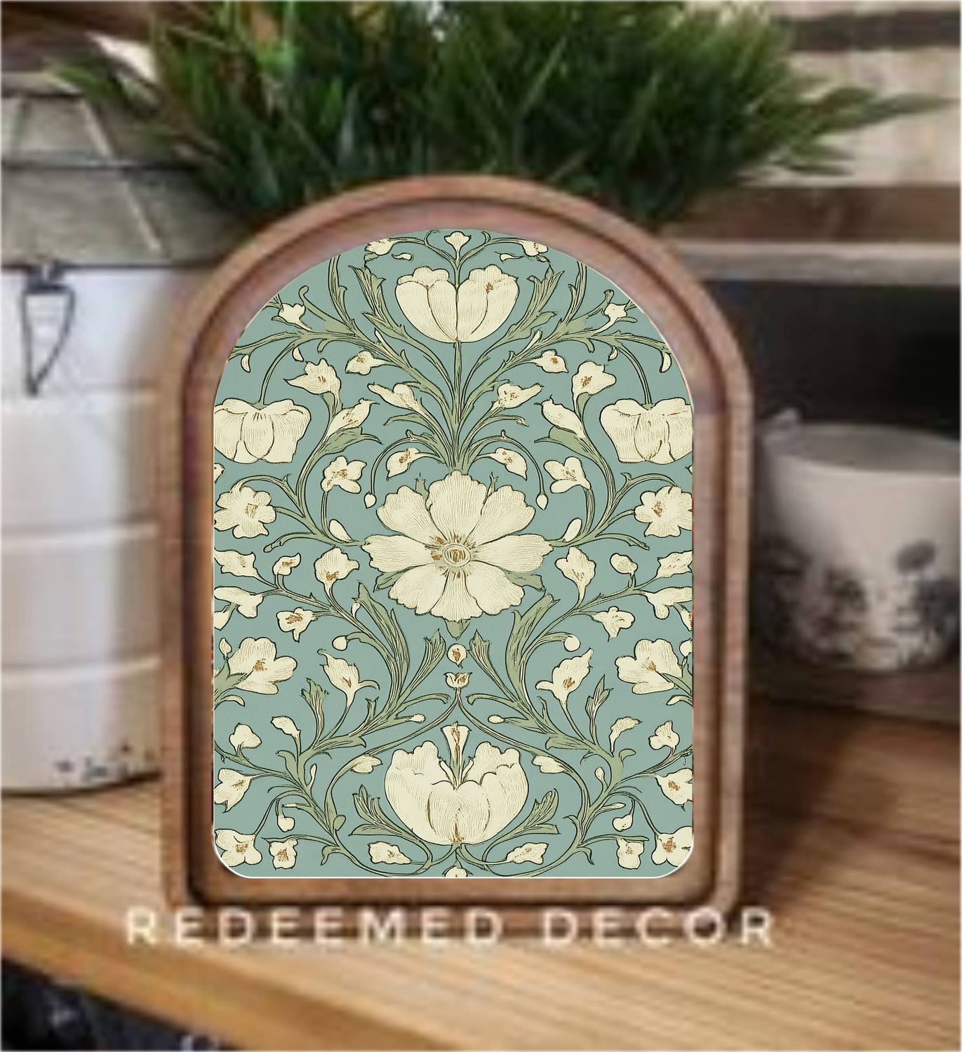 Arch Top Dusty Blue Floral Framed Art