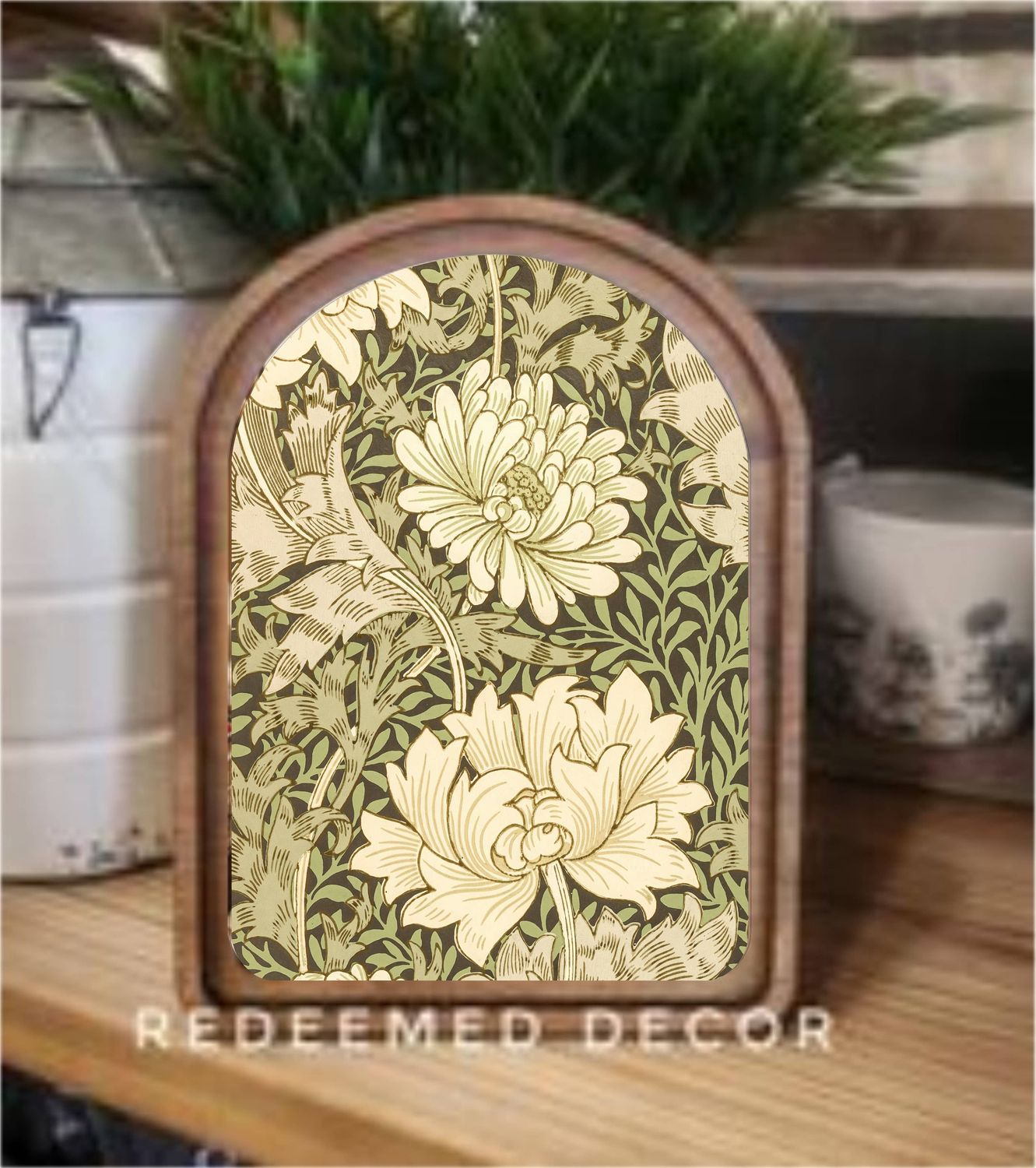 Arch Top Green Floral Tapestry Framed Art