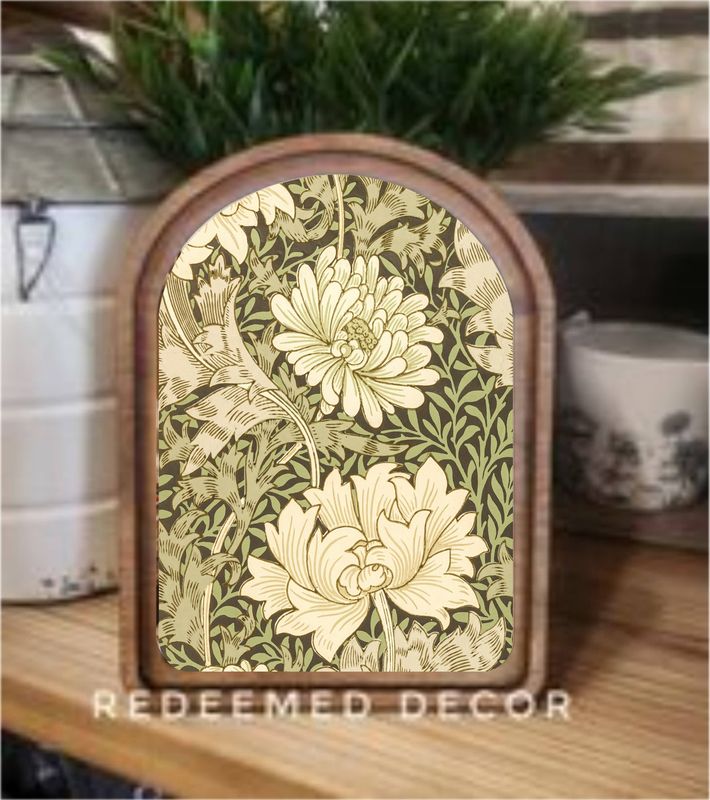 Arch Top Green Floral Tapestry Framed Art