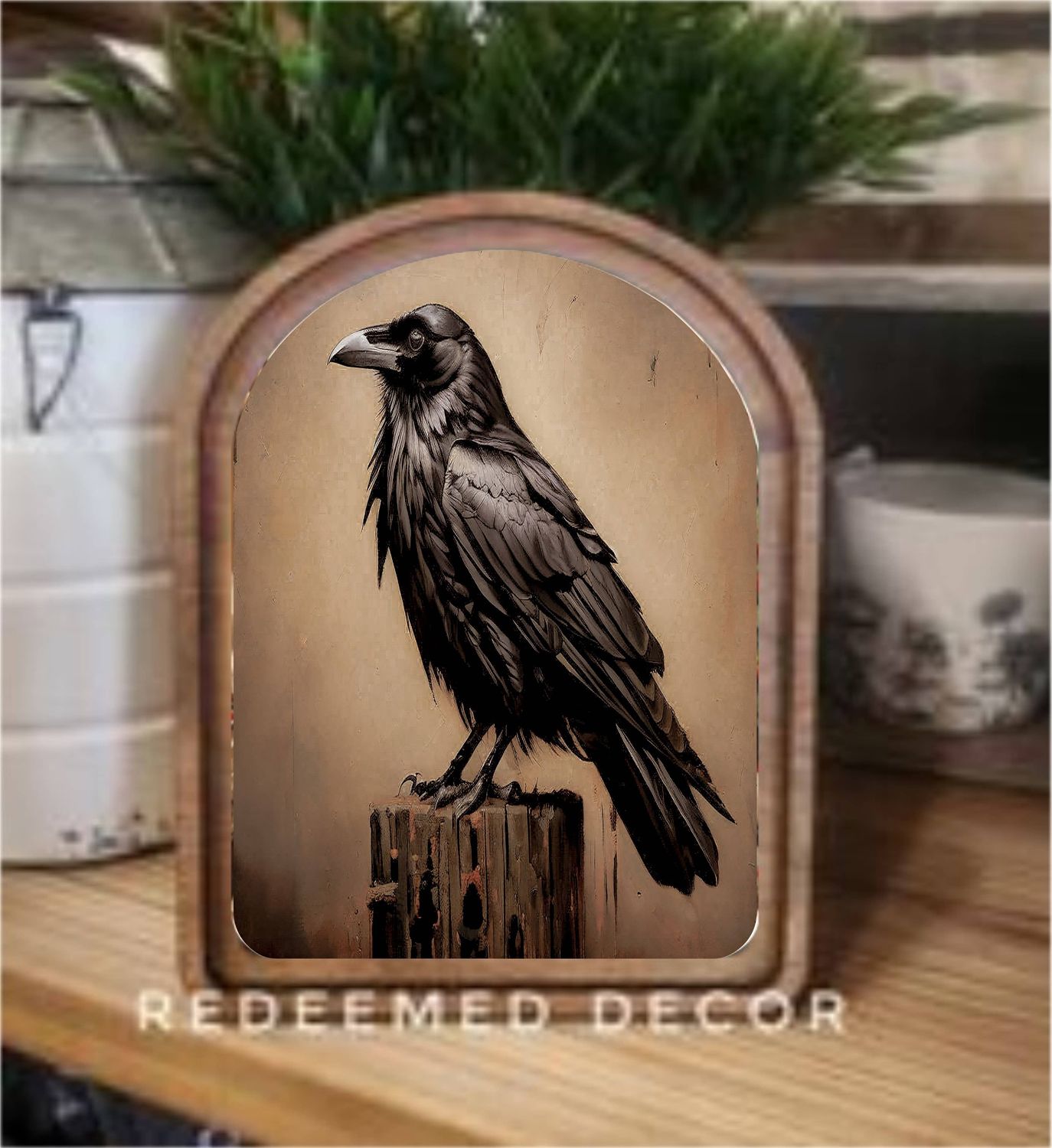 Arch Top Halloween Raven Framed Art