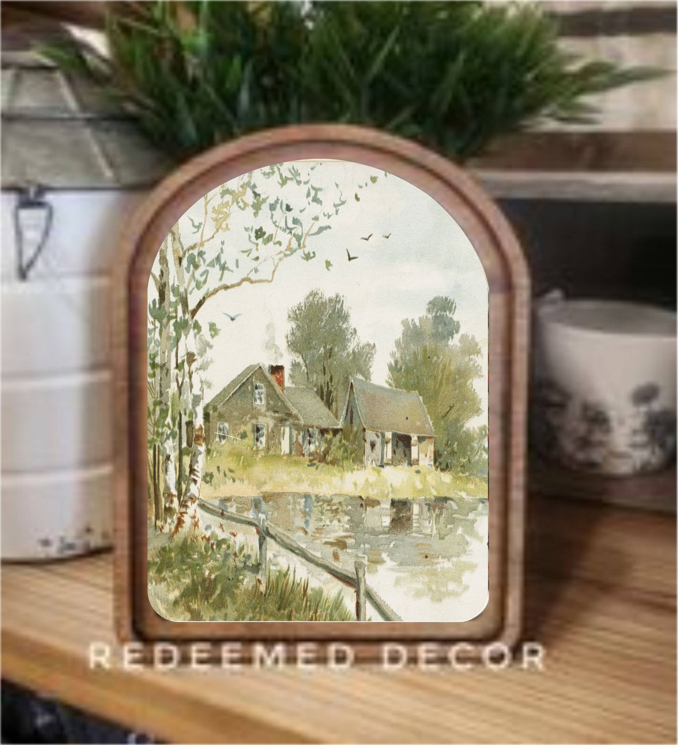 Arch Top Muted Farmhouse Pond Framed Art