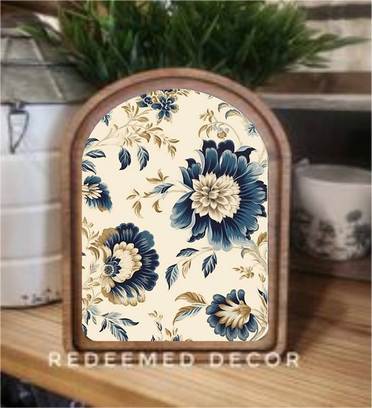 Arch Top Navy Tan Floral Framed Art