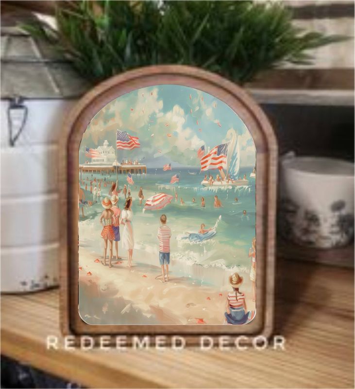 Arch Top Patriotic Beach Scene Framed Art