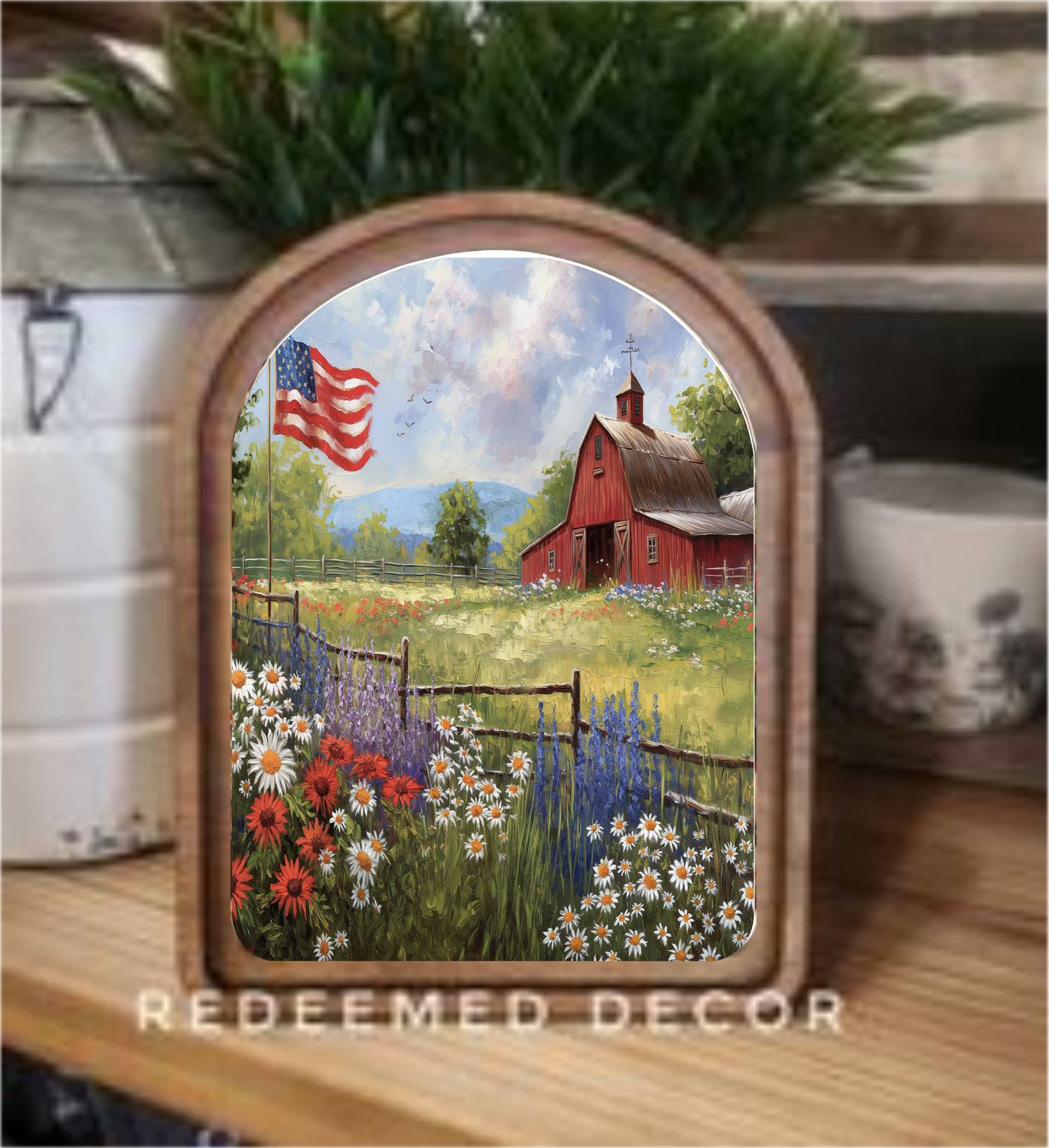 Arch Top Patriotic Farm Framed Art