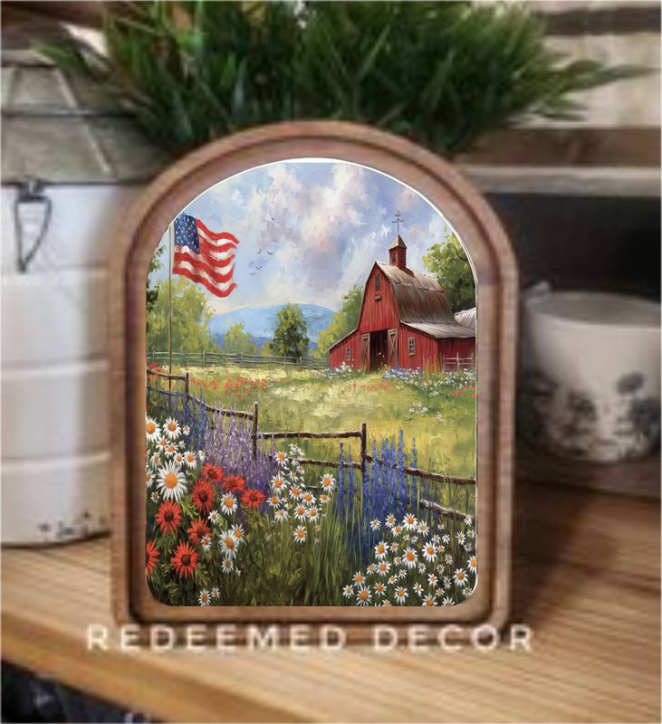 Arch Top Patriotic Farm Framed Art