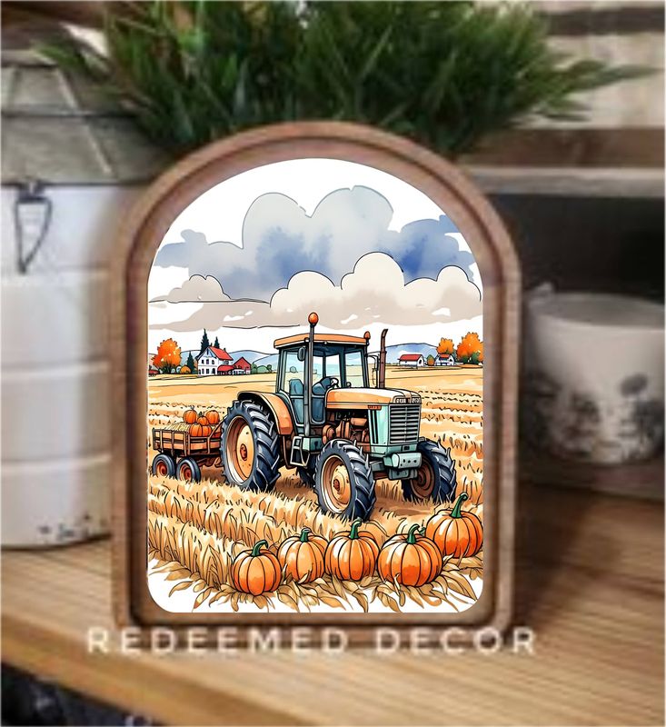 Arch Top Pumpkin Tractor Framed Art