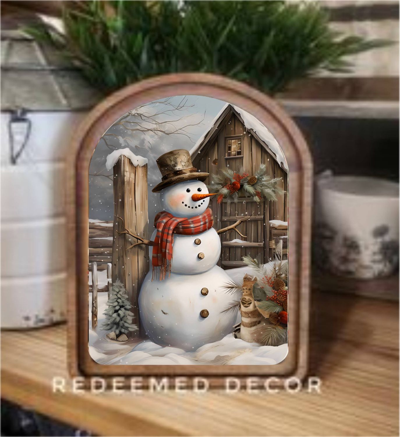 Arch Top Rustic Snowman Framed Art