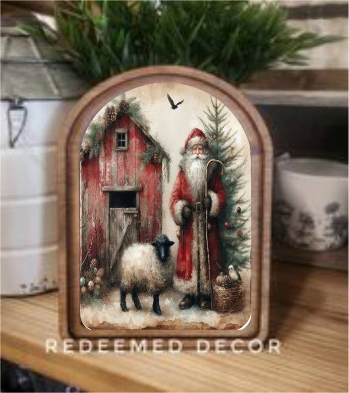 Arch Top Santa Sheep Framed Art