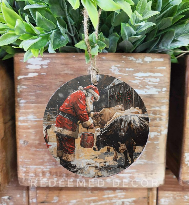 Wood Ornament Santa With Cows