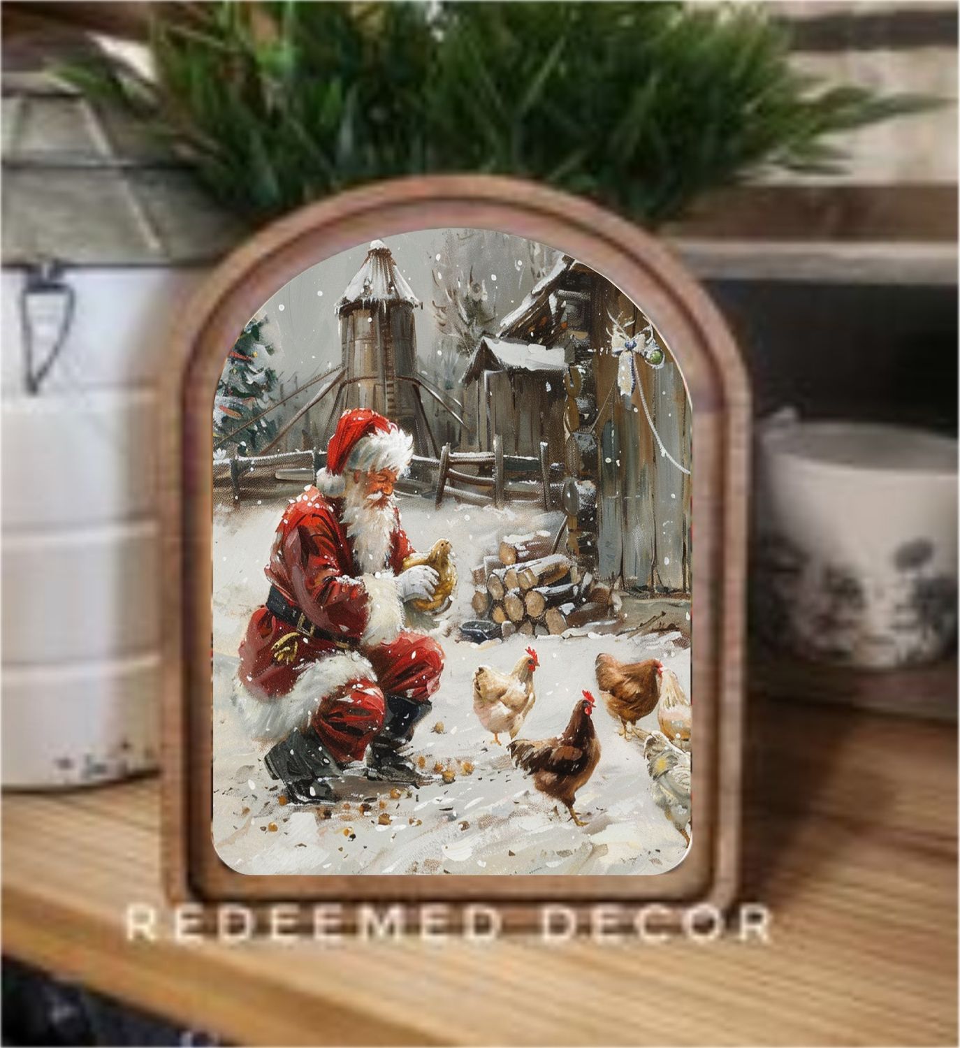 Arch Top Santa With Chickens Framed Art