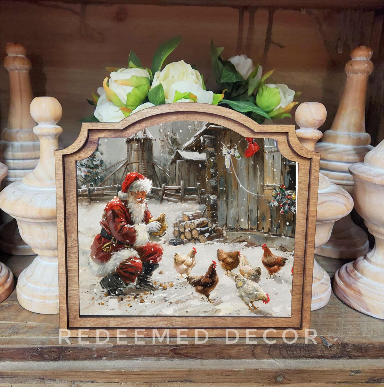 Provincial Santa With Chickens Framed Art