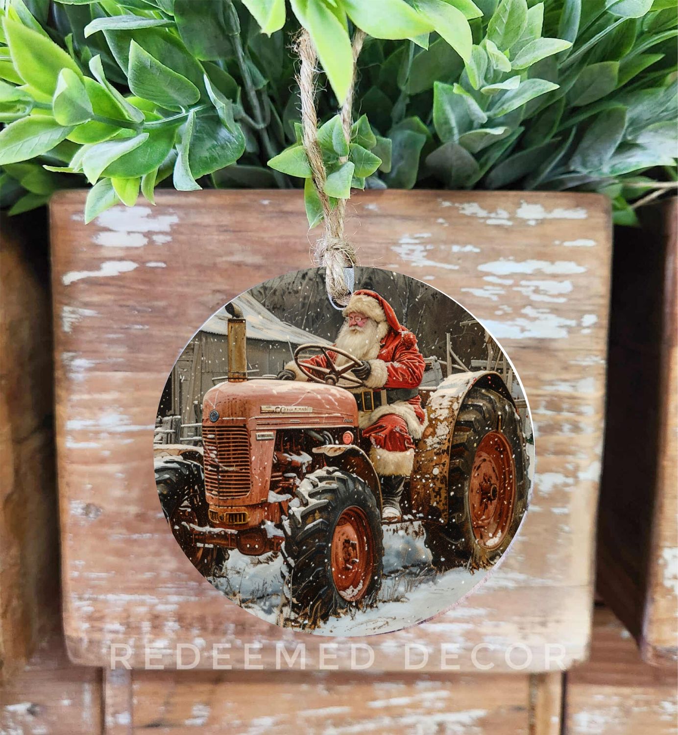 Wood Ornament Tractor Santa