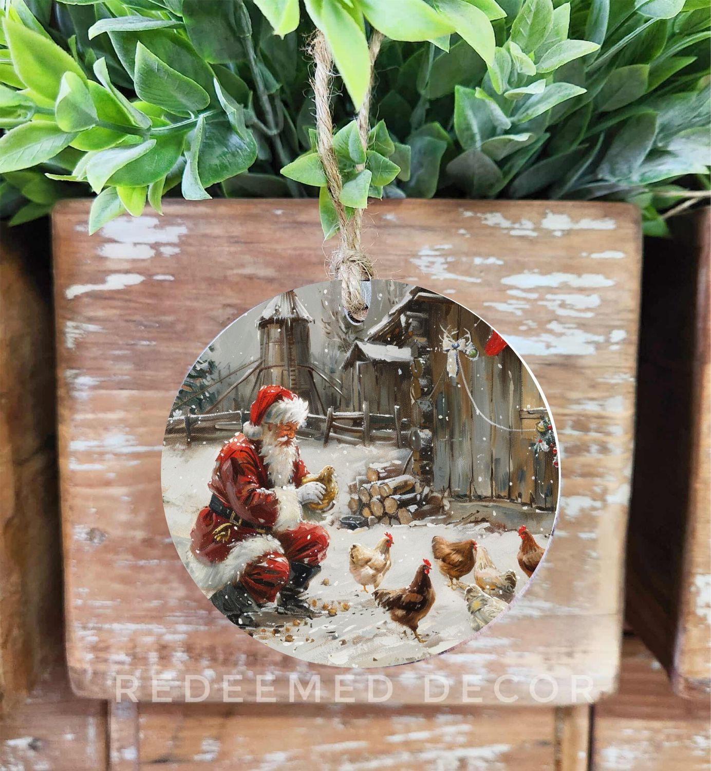 Wood Ornament Santa With Chickens