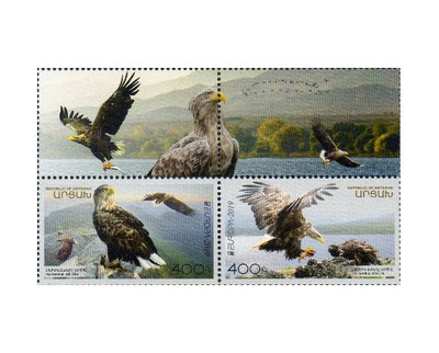Арцах (Нагорный Карабах). EUROPA. Национальные птицы. Орлан-белохвост. Сцепка из 2 марок и 2 купонов