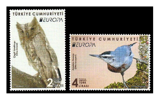 Турция. EUROPA. Национальные птицы. Пустынная совка и Черноголовый поползень. Серия из 2 марок
