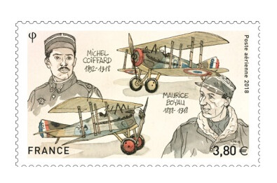 Франция. Лётчики-асы Первой мировой войны. Мишель Коффард (1892-1918) и Морис Бояу (1888-1918). Марка