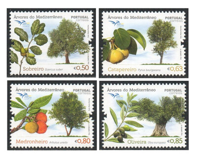 Португалия. EUROMED. Средиземноморские деревья: пробковый дуб, груша, земляничное дерево и олива. Серия из 4 марок