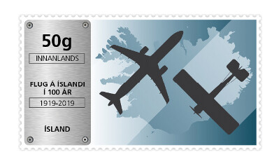 Исландия. 100-летие авиации в Исландии. Самоклеящаяся марка