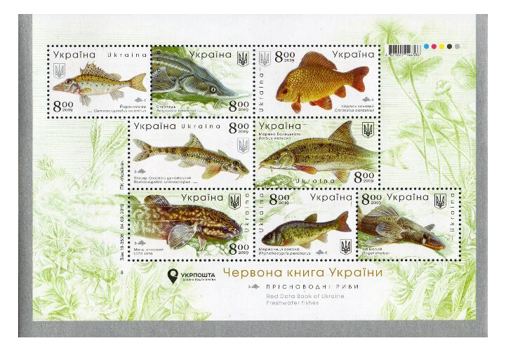 Украина. Красная книга. Пресноводные рыбы. Почтовый блок из 8 марок