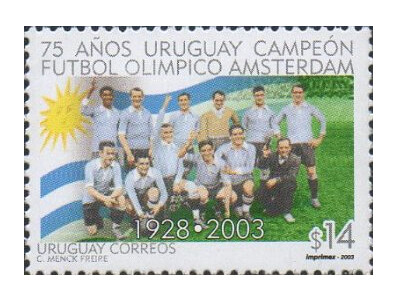 Уругвай. 75-летие завоевания сборной Уругвая по футболу золотых медалей на Играх IX Олимпиады в Амстердаме в 1928 году. Марка