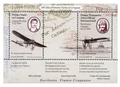 Уругвай. 2010. 100 лет первым авиаперелётам в Уругвае. Почтовый блок