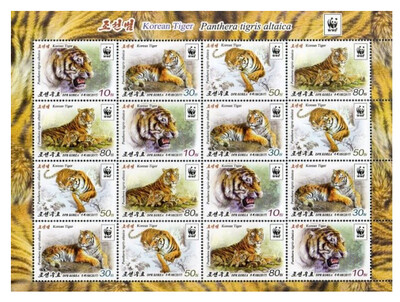 КНДР. Фауна. WWF. Корейский тигр (Panthera tigris altaica). Лист из 4 сцепок по 4 марки