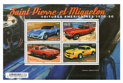Сен-Пьер и Микелон. Классические американские автомобили 1970-80 годов: Chevrolet Corvette, Ford Mustang, Pontiac Firebird, Chevrolet Camarro. Почтовый блок из 4 марок