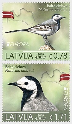 Латвия. EUROPA. Национальные птицы. Белая трясогузка. Серия из 2 марок