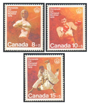 Канада. XXI летние Олимпийские игры, Монреаль - 1976. Виды спорта: фехтование, бокс и дзюдо. Серия из 3 марок