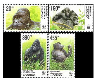 Конго ДР. WWF. Фауна. Восточная равнинная горилла. Серия из 4 марок