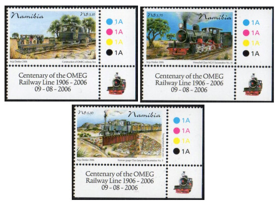 Намибия. 100-летие железных дорог в Намибии. Серия из 3 марок