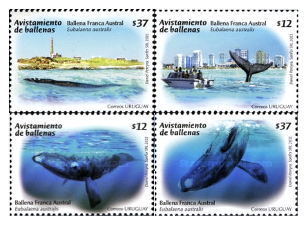 Уругвай. Весенние наблюдения за китами. Сцепка из 4 марок