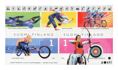 Финляндия. На встречу XIV Летним Паралимпийским играм 2012 года в Лондоне. Спорт для инвалидов. Почтовый блок из 2 самоклеящихся марок