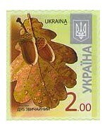 Украина. Восьмой выпуск стандартных марок. Лист и жёлудь дуба. Самоклеящаяся марка