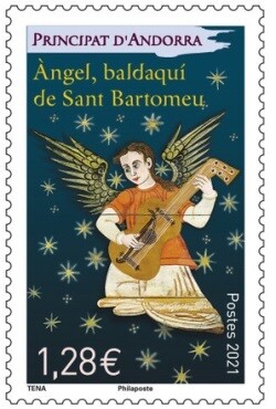 Андорра (Французская). 2021. Рождество. Ангел, играющий на лютне (1606 г.) - фрагмент балдахина из церкви Святого Бартоломео в Сан-Жулиа-де-Лория. Марка