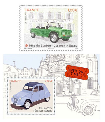 Франция. Фестиваль почтовых марок. Классические автомобили. Citroën Mehari и Citroën 2CV. Серия из марки и почтового блока