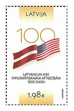 Латвия. 2022. 100 лет установления дипломатических отношений между Латвийской Республикой и Соединёнными Штатами Америки. Марка