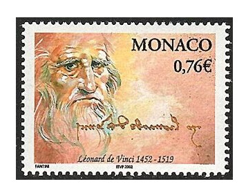 Монако. 2002. 550 лет со дня рождения Леонардо да Винчи (1452-1519), итальянского художника и учёного, изобретателя, писателя и музыканта. Марка