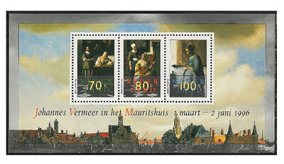 Нидерланды. 1996. Искусство. Картины Яна Вермеера (1632-1675) в Королевской галерее Маурицхёйс (Гаага). Почтовый блок из 3 марок