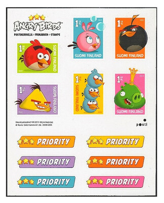 Финляндия. 2013. Angry Birds. Почтовый блок из 6 самоклеящихся марок и 6 купонов