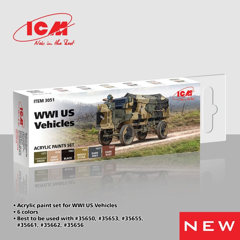 ICM Acrylic Colour Paint Set WWI US military vehicles 6 x12 ml ICM Acrylic Colour Paint Set WWI US military vehicles 6 x12 ml