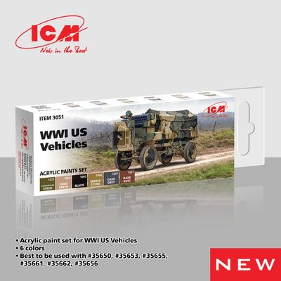 ICM Acrylic Colour Paint Set WWI US military vehicles 6 x12 ml ICM Acrylic Colour Paint Set WWI US military vehicles 6 x12 ml