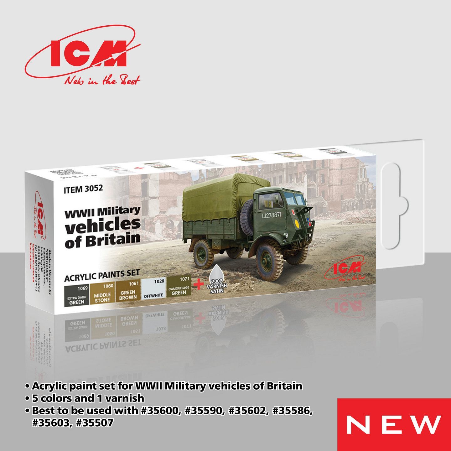 ICM Acrylic Colour Paint Set WWII Military vehicles of Britain 6 x12 ml ICM Acrylic Colour Paint Set WWII Military vehicles of Britain 6 x12 ml