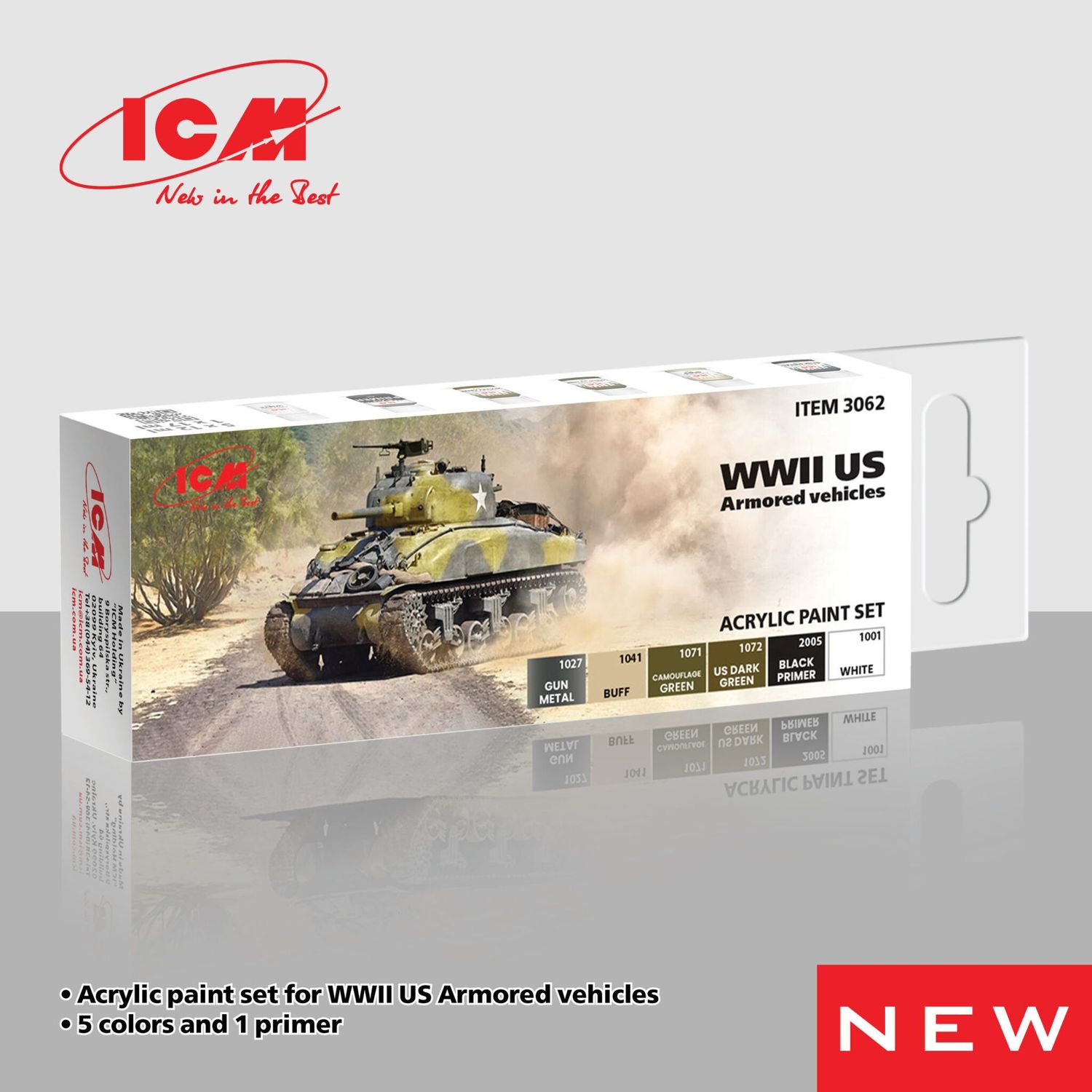ICM Acrylic Colour Paint Set WWII US Armored vehicles 6 x12 ml ICM Acrylic Colour Paint Set WWII US Armored vehicles 6 x12 ml