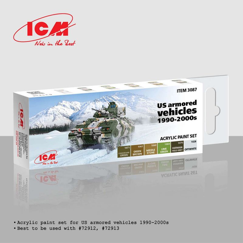 ICM Acrylic Colour Paint Set US Armoured Vehicles 1990-2000s 6 x 12 ml ICM Acrylic Colour Paint Set US Armoured Vehicles 1990-2000s 6 x 12 ml