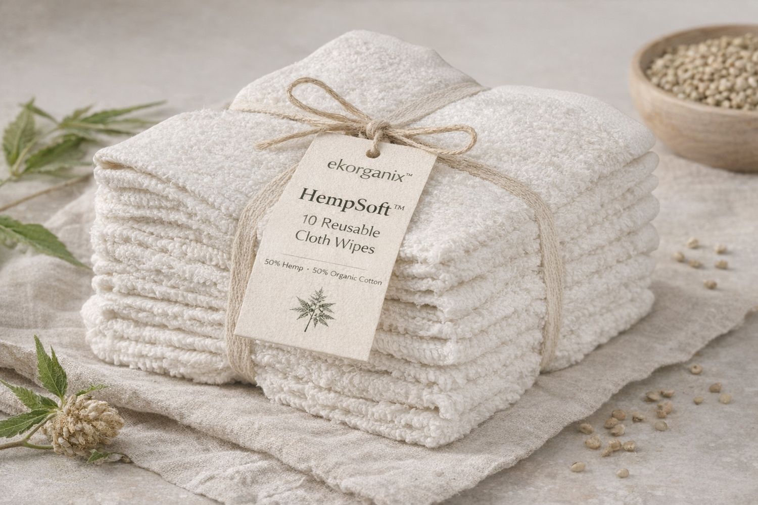 HempSoft™ Reusable Cloth Wipes — 10 Pack 50% Hemp / 50% Organic Cotton · 30 × 30 cm